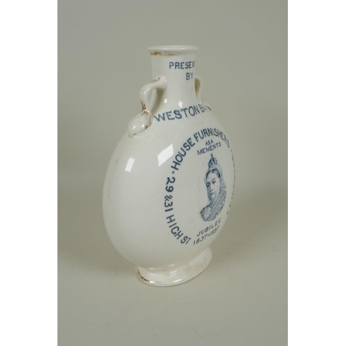 149 - A Queen Victoria Jubilee ceramic flask presented by Weston Bros, decorated with a transfer printed p... 