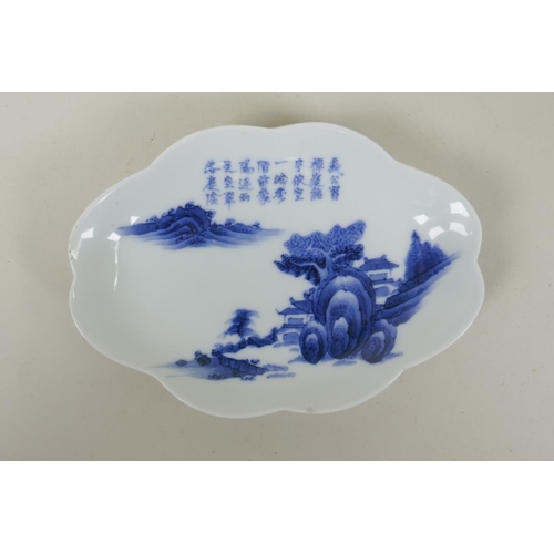 155 - A C19th Japanese Meiji period Hirado blue and white porcelain dish with a shaped rim and decoration ... 