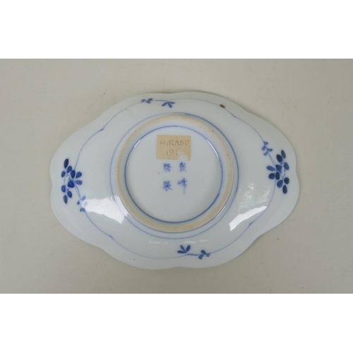 155 - A C19th Japanese Meiji period Hirado blue and white porcelain dish with a shaped rim and decoration ... 