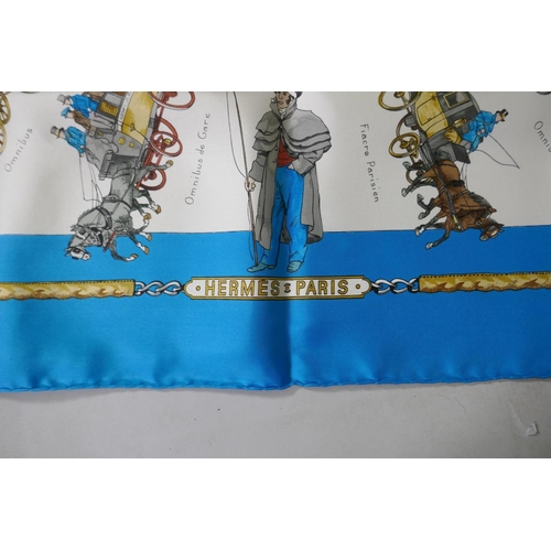 160 - Hermes silk scarf, Omnibus et Voitures de Place, 88 x 88cm, in original box