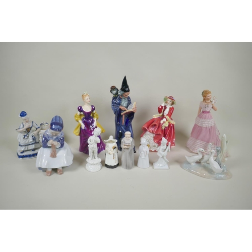 162 - Three Royal Doulton figurines, The Wizard, HN2877; Lorette, HN2337; and Top O'the Hill, HN1834, and ... 