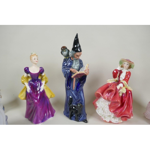 162 - Three Royal Doulton figurines, The Wizard, HN2877; Lorette, HN2337; and Top O'the Hill, HN1834, and ... 