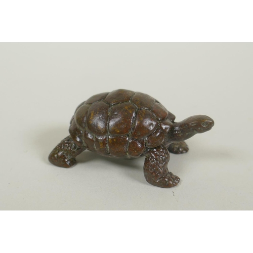 164 - A Japanese bronze okimono tortoise, mark to base, 6cm