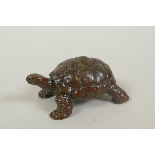 164 - A Japanese bronze okimono tortoise, mark to base, 6cm