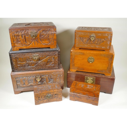 176 - Eight C19th/C20th Chinese carved camphor wood and hardwood trinket boxes decorated with boating scen... 