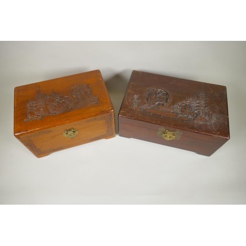 176 - Eight C19th/C20th Chinese carved camphor wood and hardwood trinket boxes decorated with boating scen... 