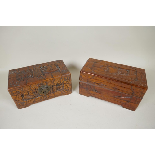 176 - Eight C19th/C20th Chinese carved camphor wood and hardwood trinket boxes decorated with boating scen... 