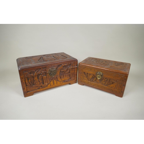 176 - Eight C19th/C20th Chinese carved camphor wood and hardwood trinket boxes decorated with boating scen... 