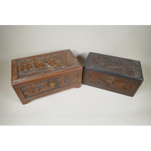 176 - Eight C19th/C20th Chinese carved camphor wood and hardwood trinket boxes decorated with boating scen... 