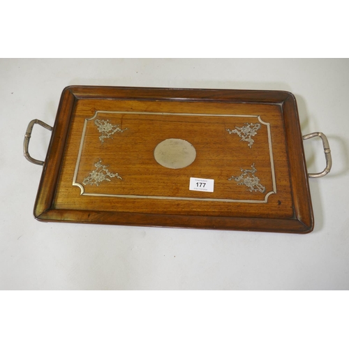 177 - A Chinese rosewood tray inlaid with silver decoration of prunus blossom, 48 x 25cm