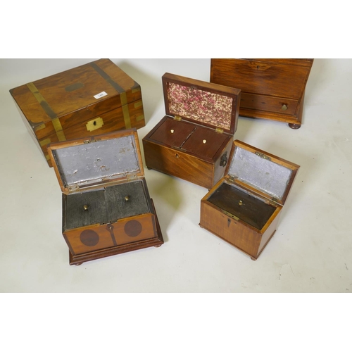 180 - A C19th walnut and brass bound campaign style writing slope with fitted interior, two glass inkwells... 