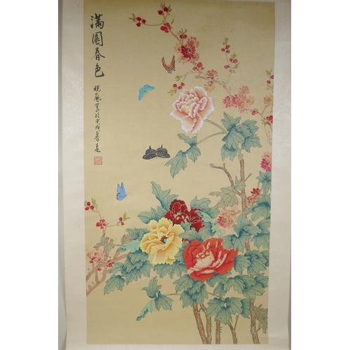 182 - A Chinese hand coloured printed scroll depicting butterflies amongst flowers, 46 x 86cm