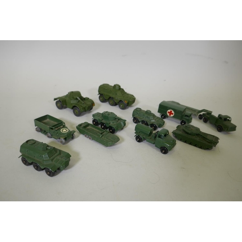 187 - A collection of Lesney Matchbox military vehicles, no boxes but good condition, and two Dinky vehicl... 