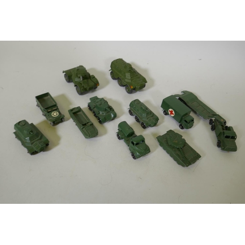 187 - A collection of Lesney Matchbox military vehicles, no boxes but good condition, and two Dinky vehicl... 