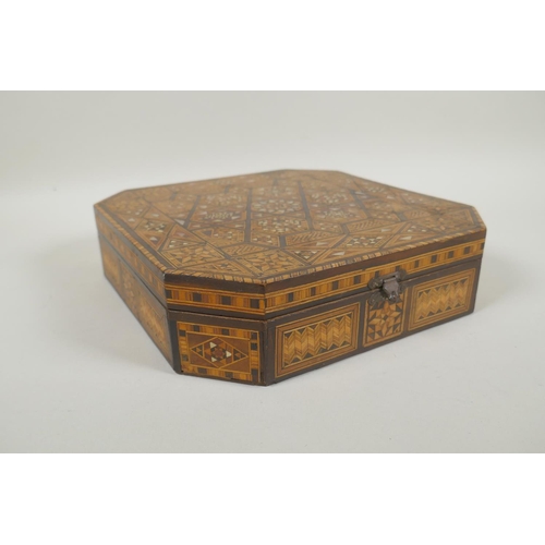 19 - An antique Moorish boxwood jewellery box with marquetry inlaid decoration, 24 x 24cm