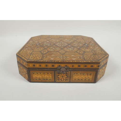 19 - An antique Moorish boxwood jewellery box with marquetry inlaid decoration, 24 x 24cm