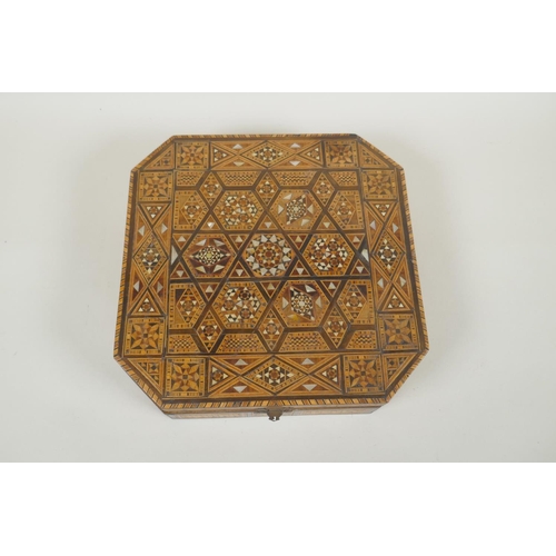 19 - An antique Moorish boxwood jewellery box with marquetry inlaid decoration, 24 x 24cm