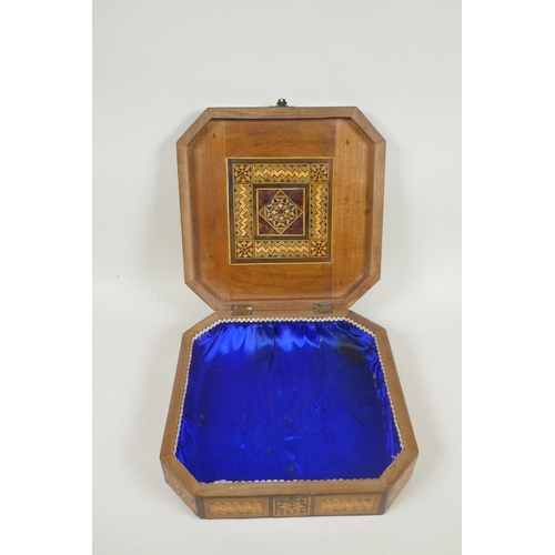 19 - An antique Moorish boxwood jewellery box with marquetry inlaid decoration, 24 x 24cm