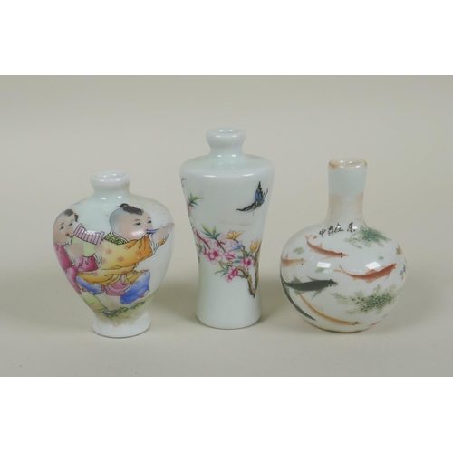 194 - Three Chinese miniature polychrome porcelain vases decorated with carp, children playing, birds, but... 