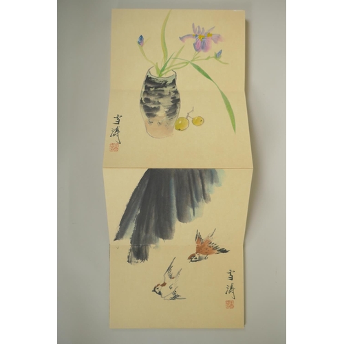 202 - A Chinese concertina watercolour book depicting flowers and birds, 26 x 16cm