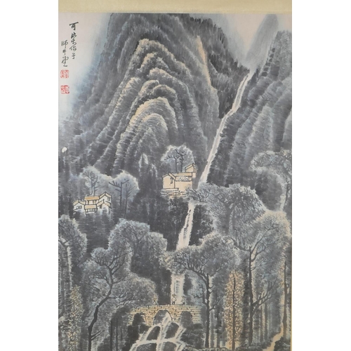 208 - A Chinese watercolour scroll depicting a mountainside scene, 45 x 66cm