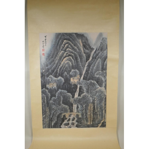 208 - A Chinese watercolour scroll depicting a mountainside scene, 45 x 66cm