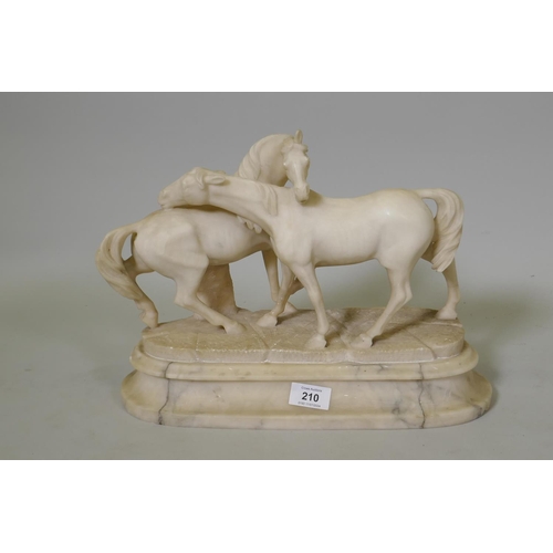 210 - A C19th alabaster figure of two horses, after P.J. Mene, 37 x 28cm high