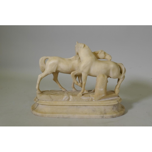 210 - A C19th alabaster figure of two horses, after P.J. Mene, 37 x 28cm high