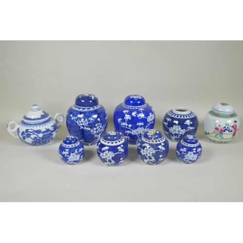 222 - Seven Chinese C19th and C20th blue and white porcelain ginger jars and covers with cracked ice and p... 