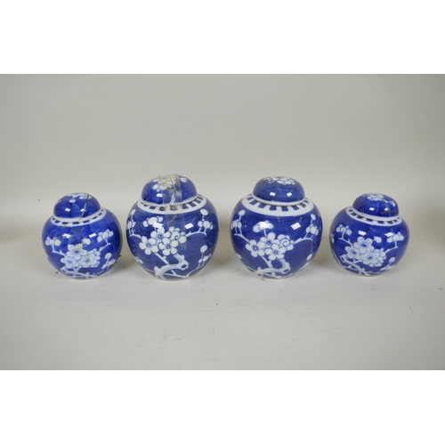 222 - Seven Chinese C19th and C20th blue and white porcelain ginger jars and covers with cracked ice and p... 