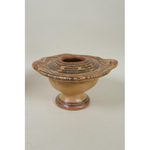 224 - A South American hand painted pottery censer, together with a similar South American pottery bottle,... 