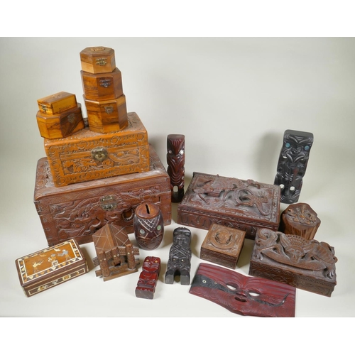 234 - A collection of C19th/C20th Burmese and Chinese carved camphor wood and hardwood trinket boxes decor... 