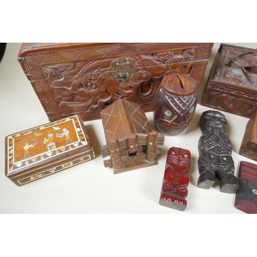 234 - A collection of C19th/C20th Burmese and Chinese carved camphor wood and hardwood trinket boxes decor... 