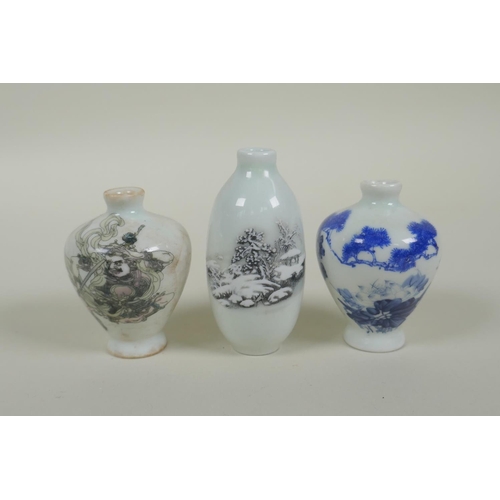 245 - Three Chinese miniature polychrome porcelain vases decorated with a snowy landscape warrior and flow... 