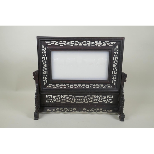 250 - A Chinese hardwood white and jade table screen with carved water buffalo decoration, 38 x 33cm