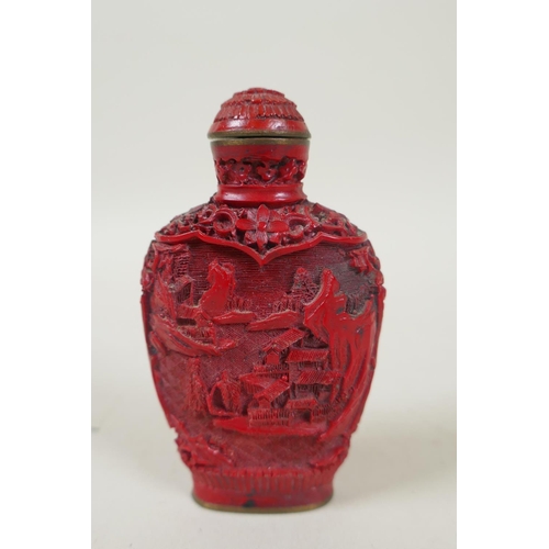 251 - A Chinese cinnabar lacquer style snuff bottle with riverside landscape decoration, Qianlong mark to ... 