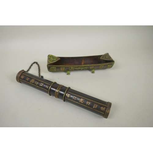 253 - A Tibetan brass scroll case with inscription decoration, together with a bronze incense holder with ... 