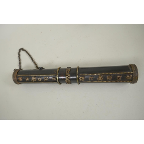 253 - A Tibetan brass scroll case with inscription decoration, together with a bronze incense holder with ... 