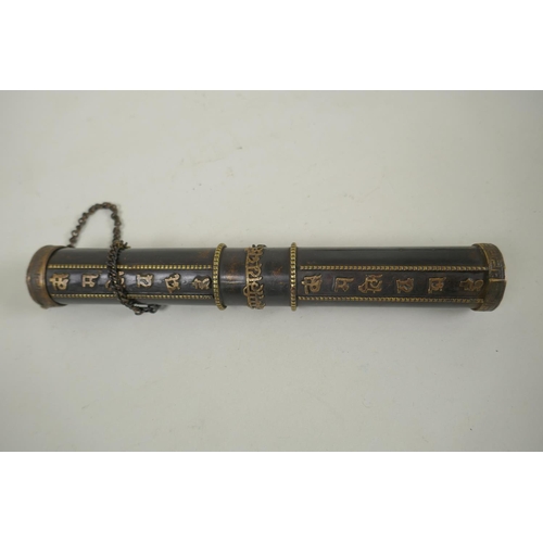 253 - A Tibetan brass scroll case with inscription decoration, together with a bronze incense holder with ... 