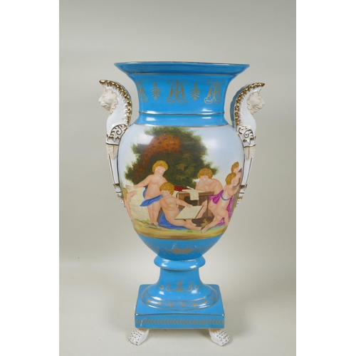 282 - A Sevres style blue ground porcelain vase with two lion head handles and decorative panels depicting... 