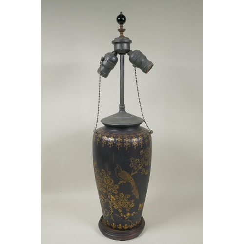 286 - An Oriental black ground ceramic vase with gilt decoration of birds and flower, converted to a table... 