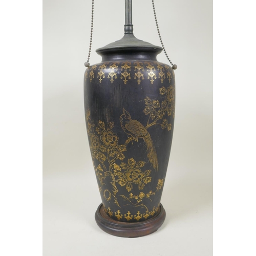 286 - An Oriental black ground ceramic vase with gilt decoration of birds and flower, converted to a table... 