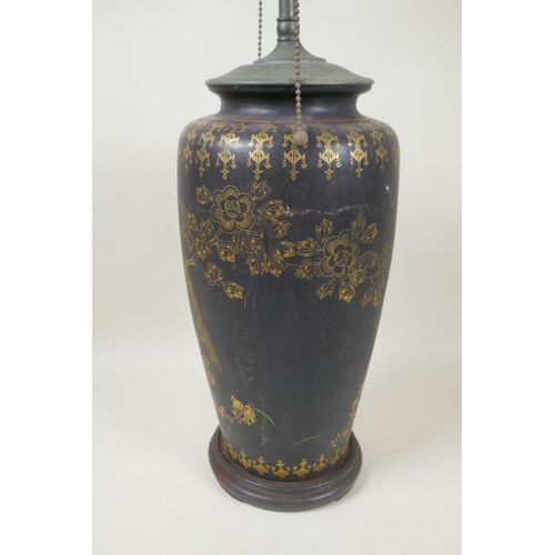 286 - An Oriental black ground ceramic vase with gilt decoration of birds and flower, converted to a table... 