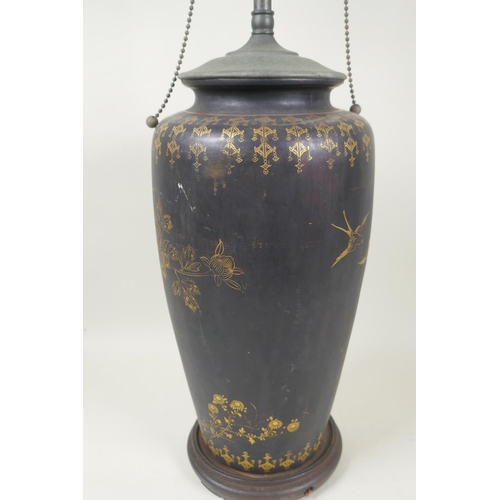 286 - An Oriental black ground ceramic vase with gilt decoration of birds and flower, converted to a table... 