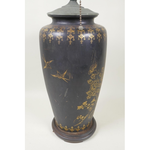 286 - An Oriental black ground ceramic vase with gilt decoration of birds and flower, converted to a table... 