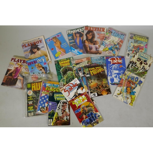 299 - A quantity of comics and magazines from 1980s, Playboy, Penthouse, Mayfair, American Flagg, The New ... 