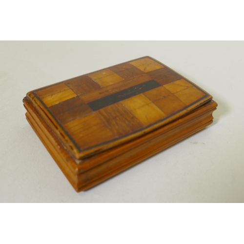 3 - A C19th Scottish sycamore snuff box in the manner of Daniel Craig, the top inlaid with fourteen spec... 