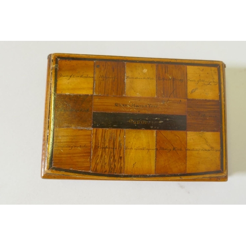 3 - A C19th Scottish sycamore snuff box in the manner of Daniel Craig, the top inlaid with fourteen spec... 