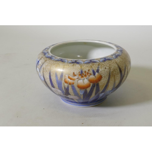 36 - A Japanese Fukagawa porcelain bowl with Iris decoration, the interior with a painted leaf over a fir... 