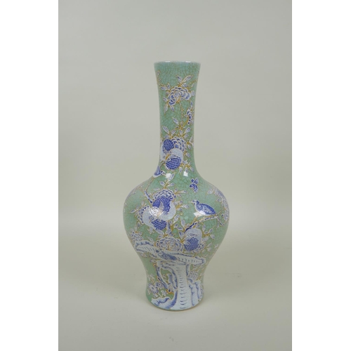 40 - A Chinese celadon crackle glazed porcelain yen yen vase with blue and white bird and pomegranate dec... 